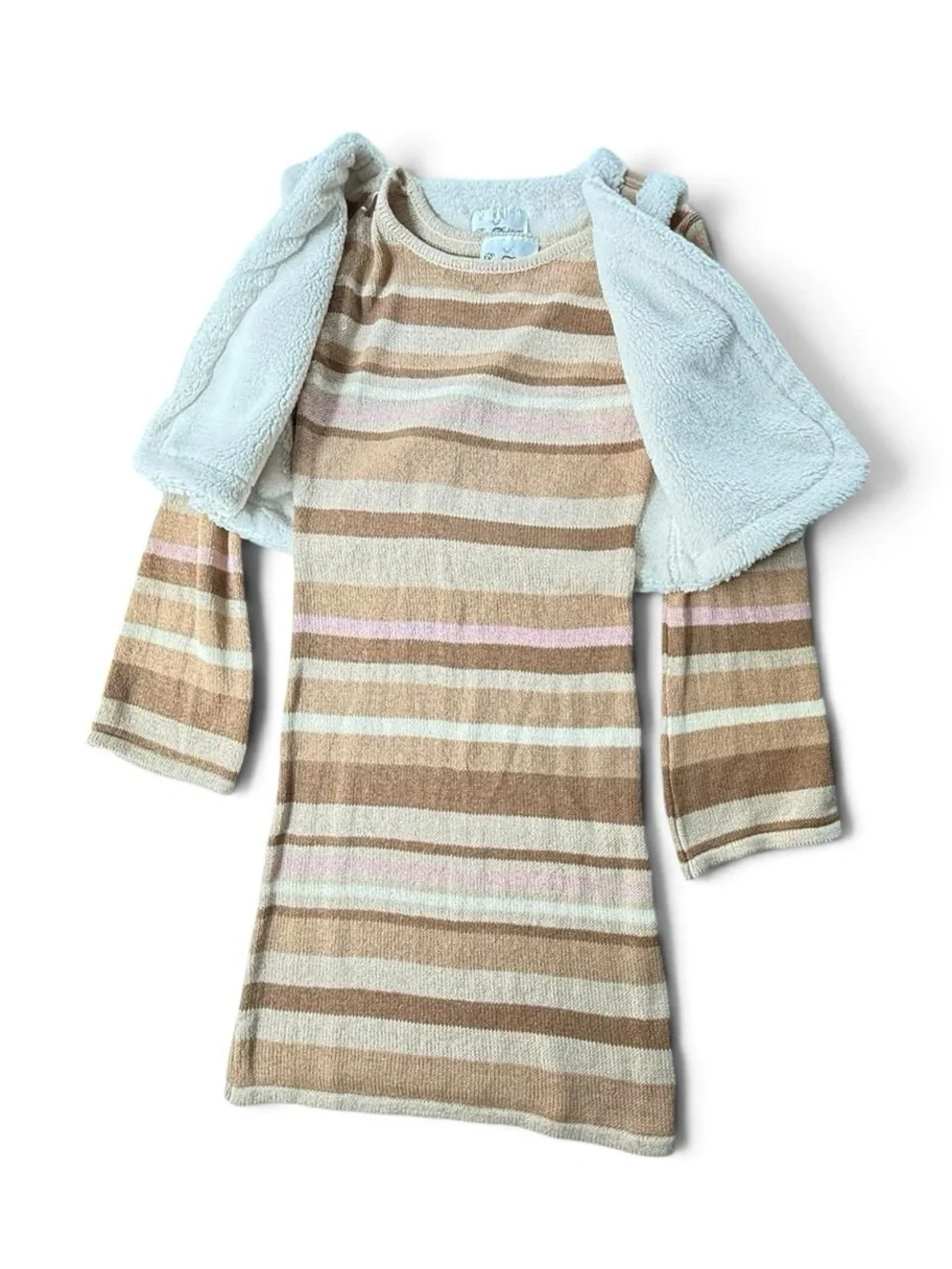 Rare Editions Girls 2 Piece Set Sweater Dress Vest Tan Striped Size 12 NWT